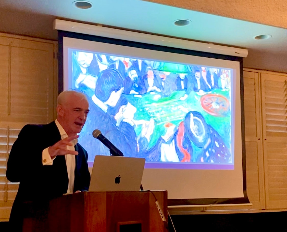 James Darnborough speaking at a venue about The Gambler's Game